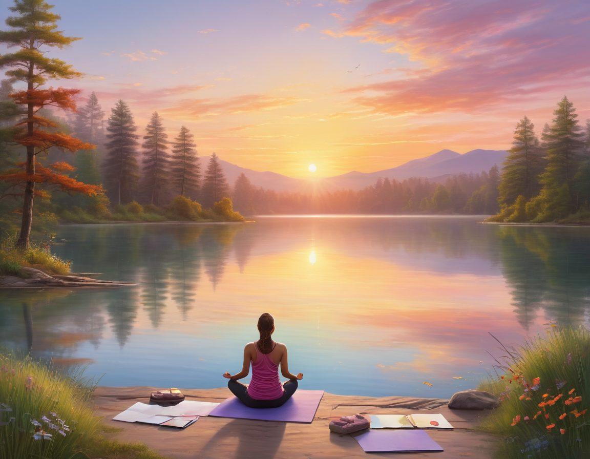 A serene landscape depicting a sunrise over a tranquil lake, symbolizing hope and new beginnings. In the foreground, diverse individuals are engaging in wellness activities like yoga, meditation, and journaling, showcasing vibrant support systems. Soft pastel colors enhance the peaceful atmosphere while encouraging positive energy. super-realistic. vibrant colors. serene background.
