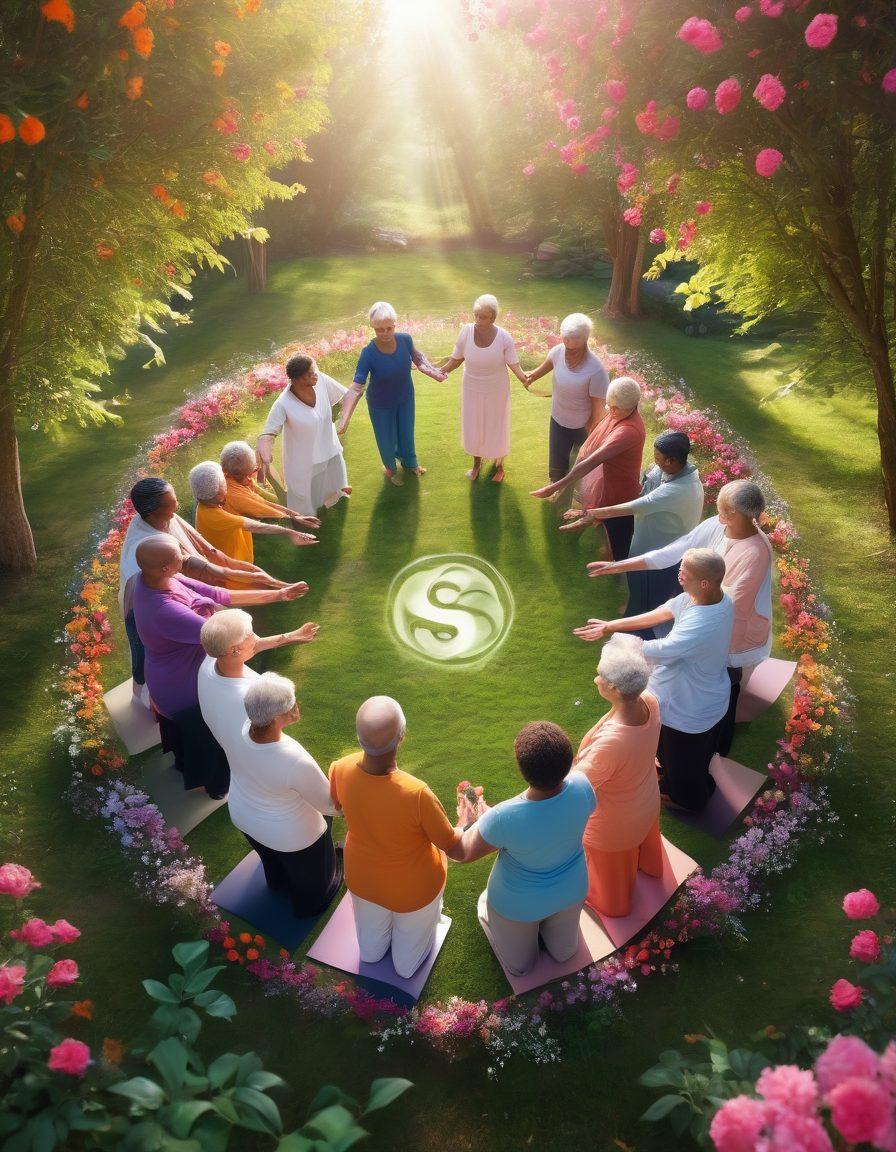 A serene and uplifting scene depicting a diverse group of cancer survivors smiling and holding hands in a circle, surrounded by vibrant flowers symbolizing hope and renewal. Soft light filters through trees, creating an atmosphere of warmth and support. Include symbols of wellness like yoga mats, nutritious foods, and meditation items in the background. The overall mood is empowering and positive. super-realistic. vibrant colors. bright background.