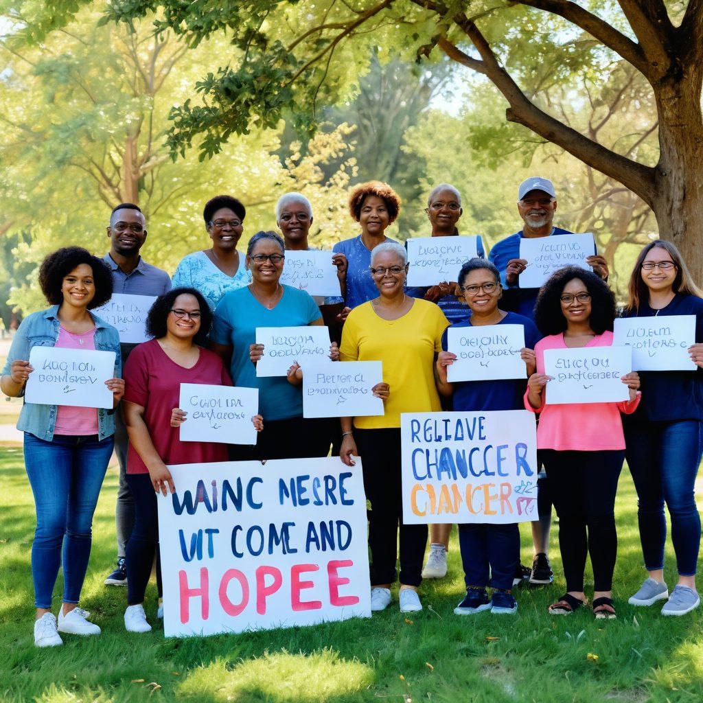 A diverse group of individuals standing together, united in support, holding signs with messages of hope and awareness related to cancer. In the background, a vibrant community park filled with trees and flowers, symbolizing growth and support. Soft, warm lighting to evoke a sense of empathy and connection. The individuals represent various ages, ethnicities, and genders, showcasing inclusivity. watercolor style. vibrant colors.